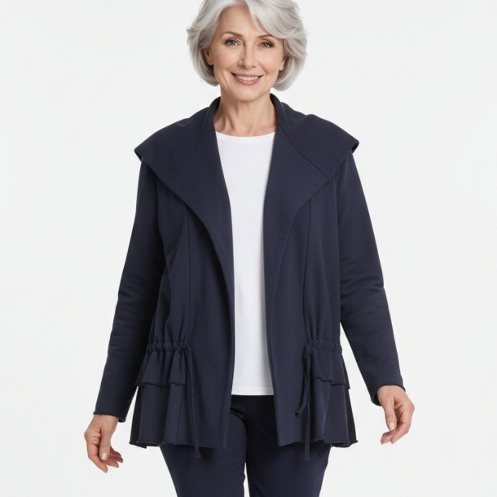 Planet By Lauren G Dark Blue Terry Cotton Open Front Drawstring Jacket 2 L (Box3